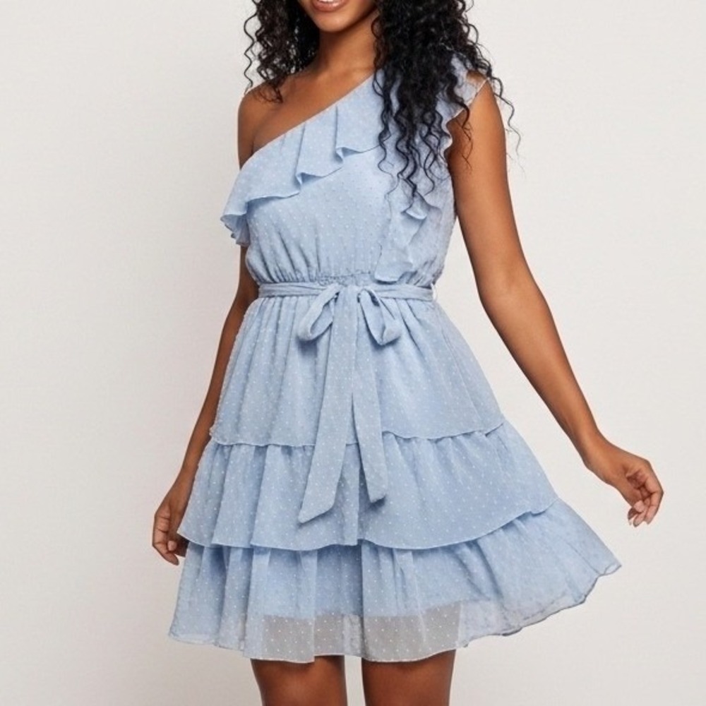 Light Blue Swiss Dot Tiered Ruffle Tie Shoulder Dress Women's